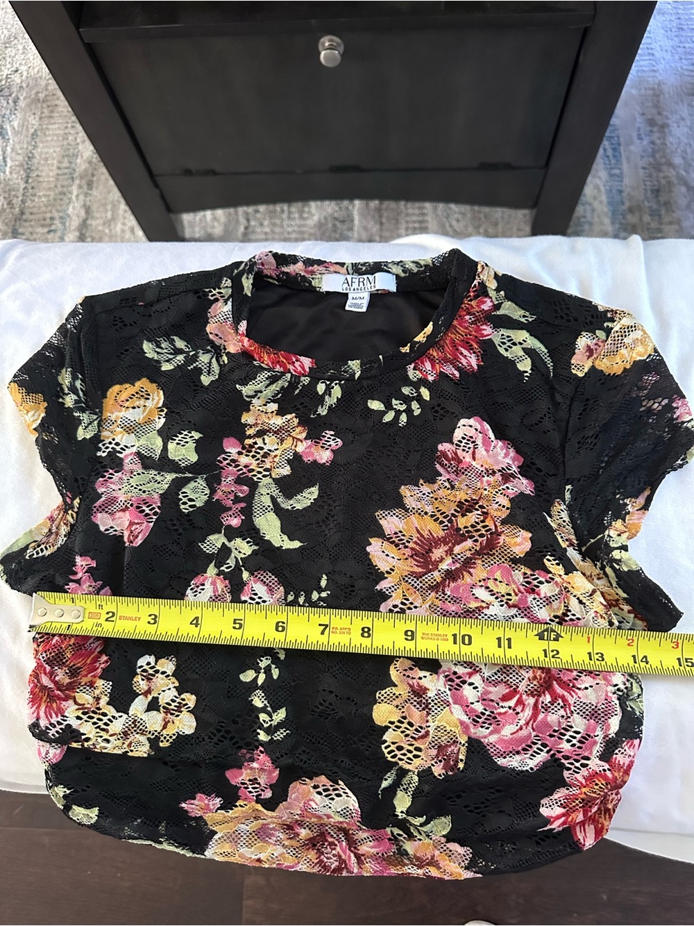AFRM Los Angeles Floral Lace Mesh Ruched Top Medium Black Sheer Short Sleeve - Picture 9 of 10